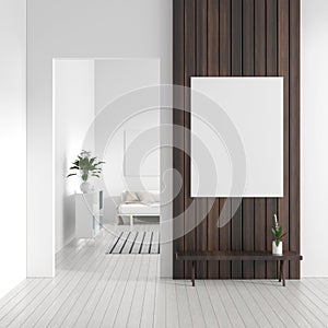 Mock up poster frame in Scandinavian style hipster interior. White modern interior of modern living room. 3D illustration