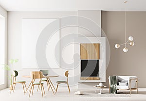 Mock up poster frame in Scandinavian style interior with fireplace and dining table. Minimalist interior design. 3D illustration