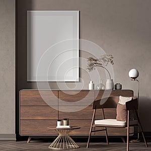 Mock up poster frame in Scandinavian style interior with wooden furnitures. Minimalist interior design. 3D illustration