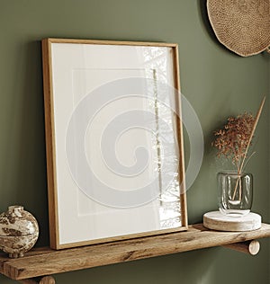 Mock up poster frame on shelf close up in dark green interior background