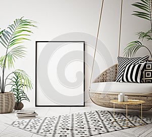 Mock up poster frame in tropical interior background, modern Caribbean style