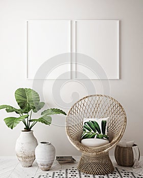 Mock up poster frame in tropical interior background, modern Caribbean style
