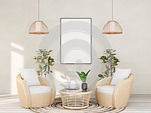 Mock up poster frame in tropical interior fully furnished rooms background, living room,