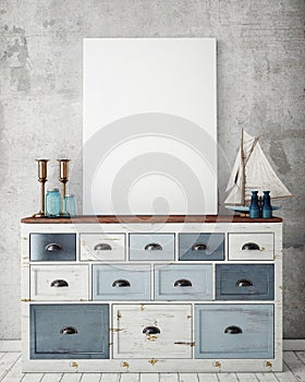 Mock up poster frame with on vintage chest of drawers, hipster interior background