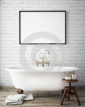 Mock up poster frame in vintage hipster bathroom, interior background,