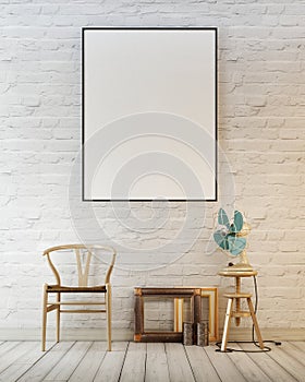 Mock up poster frame in white brick wall concept interior background with chair and air fun.