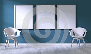 Mock up poster frame with white chair on room dark blue wall on white wooden floor.3D rendering