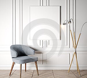 Mock up poster frame in white interior background and wooden floor with blue gray chair in living room