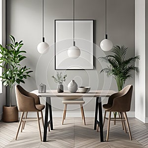 Mock up poster frame in white scandinavian dining room