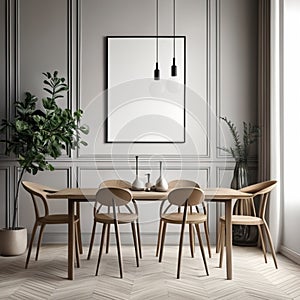 Mock up poster frame in white scandinavian dining room