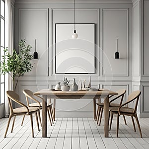 Mock up poster frame in white scandinavian dining room