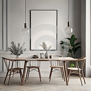 Mock up poster frame in white scandinavian dining room