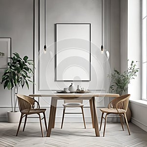 Mock up poster frame in white scandinavian dining room