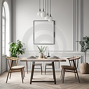 Mock up poster frame in white scandinavian dining room