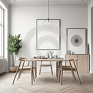 Mock up poster frame in white scandinavian dining room