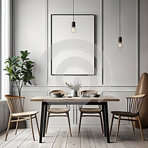 Mock up poster frame in white scandinavian dining room