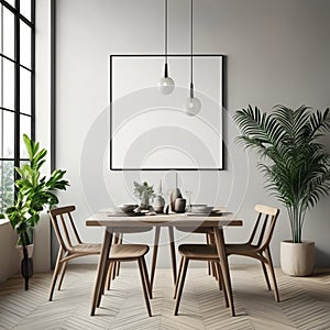 Mock up poster frame in white scandinavian dining room