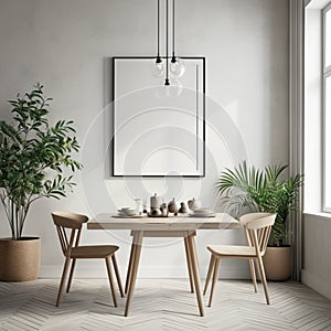 Mock up poster frame in white scandinavian dining room