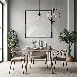 Mock up poster frame in white scandinavian dining room