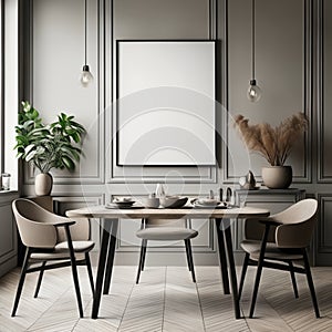 Mock up poster frame in white scandinavian dining room