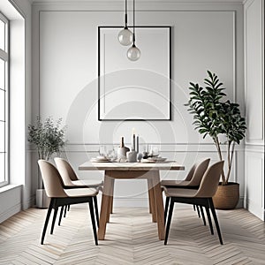 Mock up poster frame in white scandinavian dining room