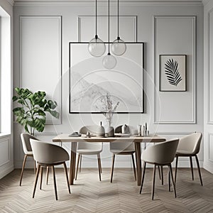 Mock up poster frame in white scandinavian dining room