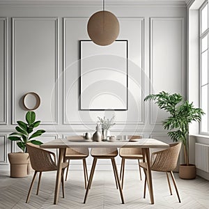 Mock up poster frame in white scandinavian dining room