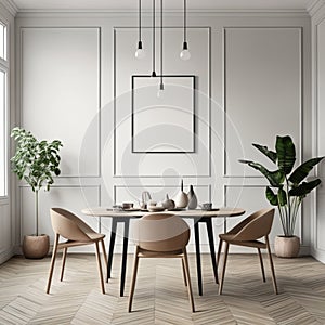 Mock up poster frame in white scandinavian dining room