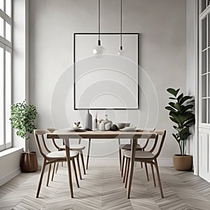 Mock up poster frame in white scandinavian dining room