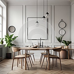 Mock up poster frame in white scandinavian dining room