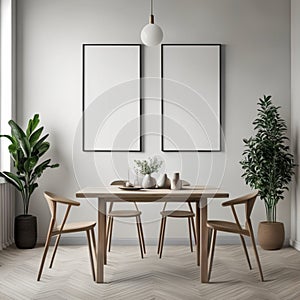 Mock up poster frame in white scandinavian dining room