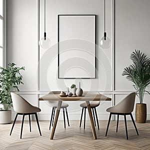 Mock up poster frame in white scandinavian dining room