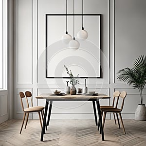 Mock up poster frame in white scandinavian dining room