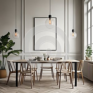 Mock up poster frame in white scandinavian dining room