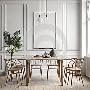 Mock up poster frame in white scandinavian dining room