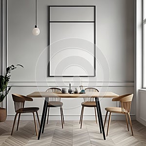 Mock up poster frame in white scandinavian dining room