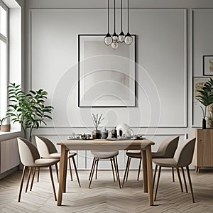 Mock up poster frame in white scandinavian dining room