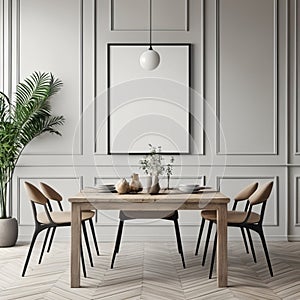 Mock up poster frame in white scandinavian dining room