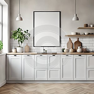 Mock up poster frame in white scandinavian kitchen room