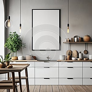 Mock up poster frame in white scandinavian kitchen room