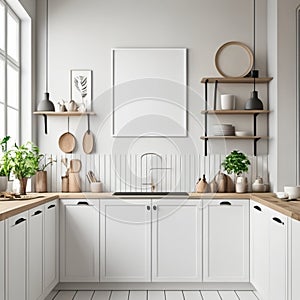 Mock up poster frame in white scandinavian kitchen room