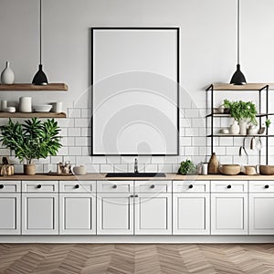 Mock up poster frame in white scandinavian kitchen room