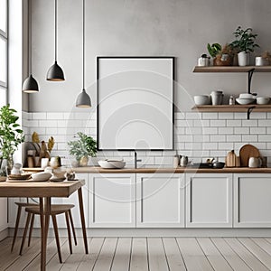 Mock up poster frame in white scandinavian kitchen room