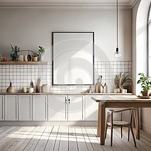 Mock up poster frame in white scandinavian kitchen room