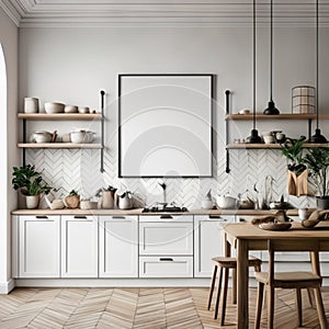 Mock up poster frame in white scandinavian kitchen room