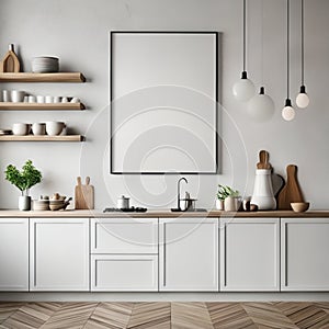 Mock up poster frame in white scandinavian kitchen room