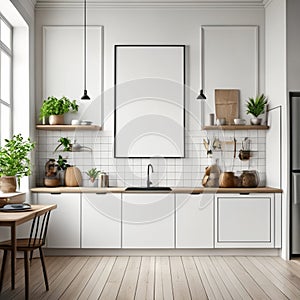 Mock up poster frame in white scandinavian kitchen room