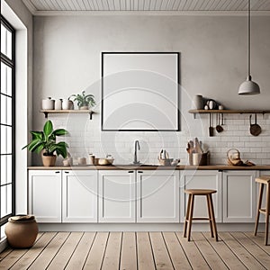 Mock up poster frame in white scandinavian kitchen room