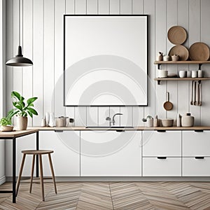 Mock up poster frame in white scandinavian kitchen room