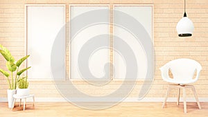 Mock up Poster frame, white sofa on loft room interior design, orange brick wall design.3D rendering